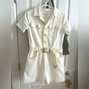Women’s Size Small Cream Short Jumpsuit with Gold accents.